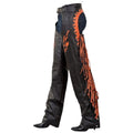 Black womens western riding chaps fringe side view with embroidery