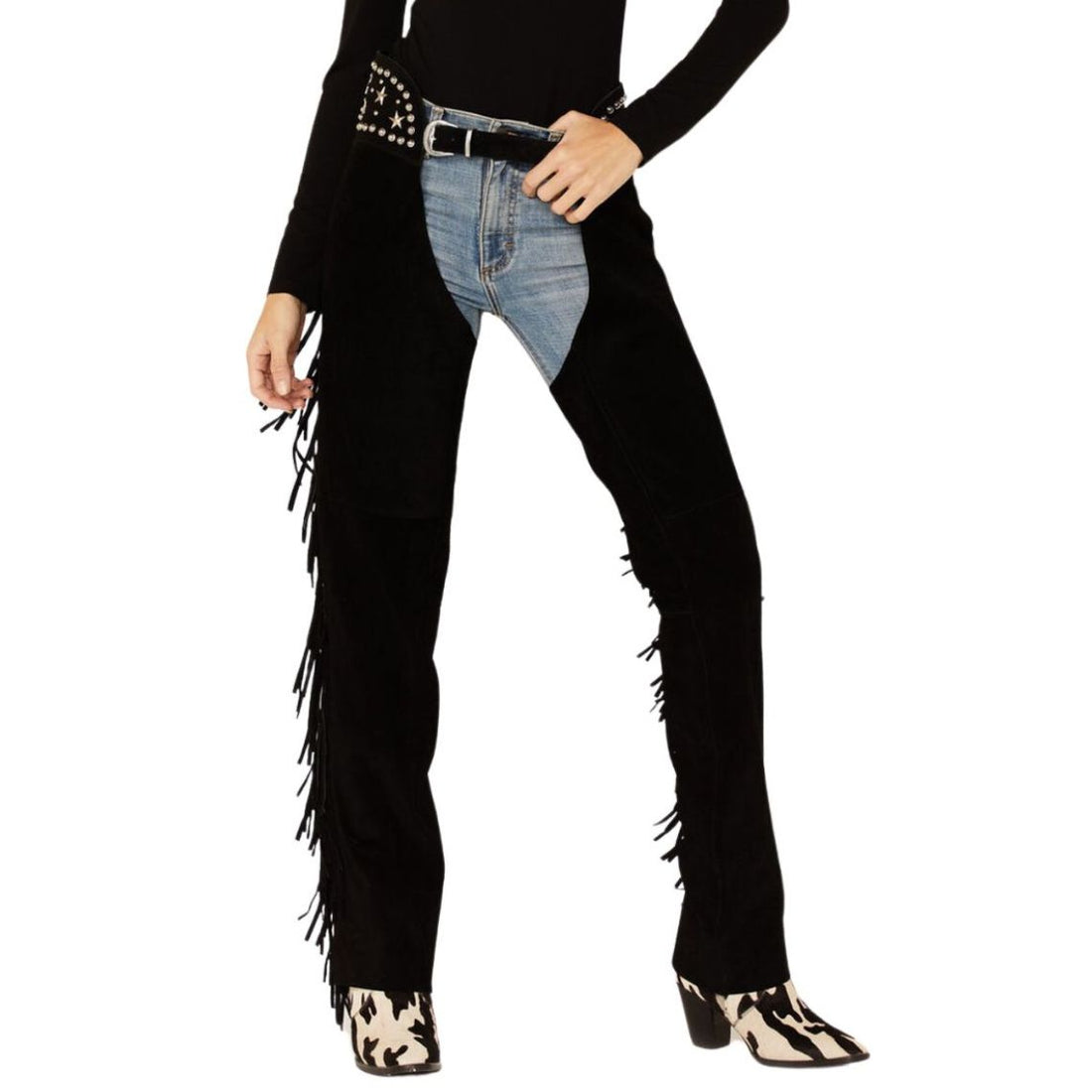Womens black leather fringe chaps pants front view
