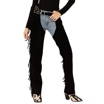 Womens black leather fringe chaps pants front view
