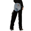 Womens western black fringe leather chaps back view