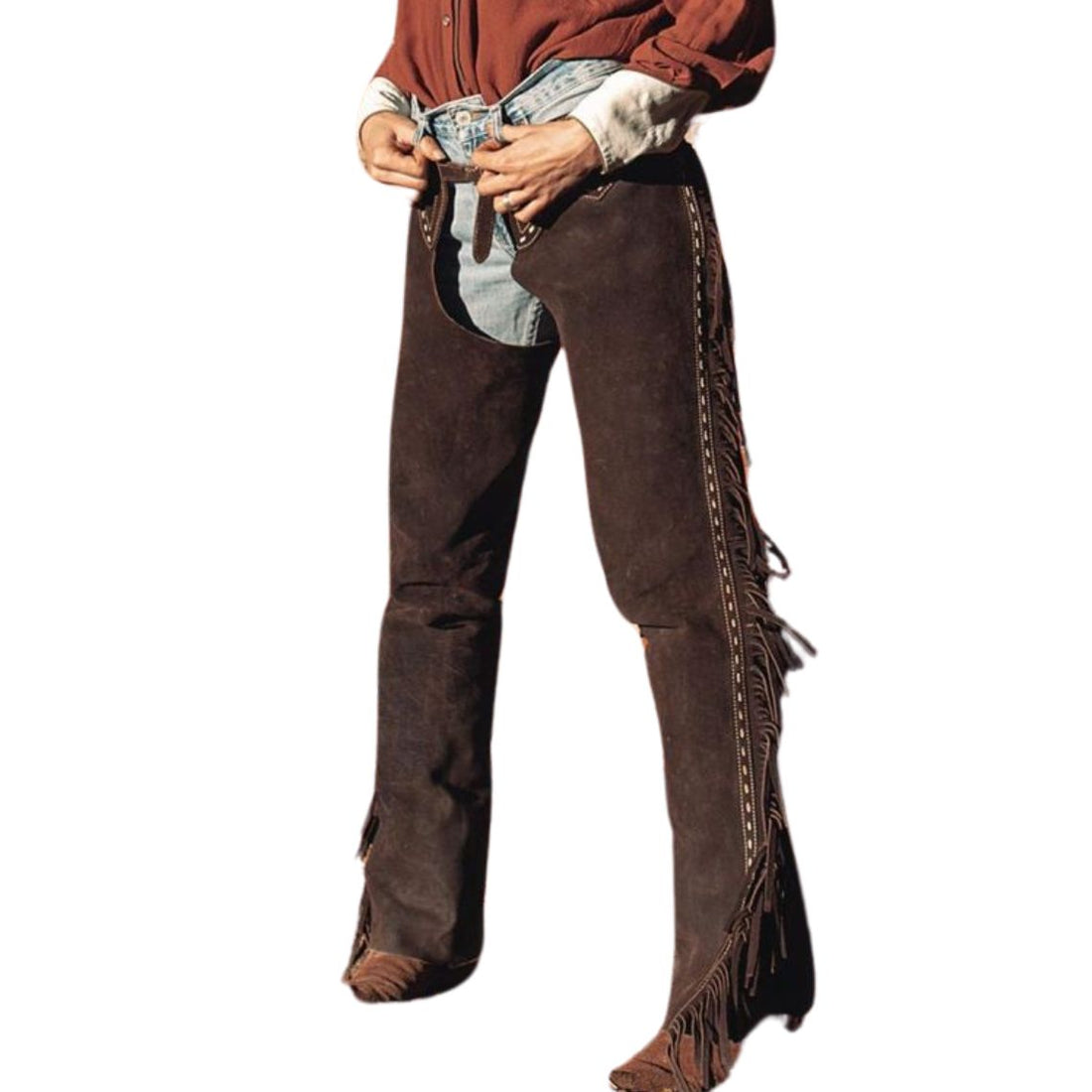 Womens brown suede leather fringe chaps front view