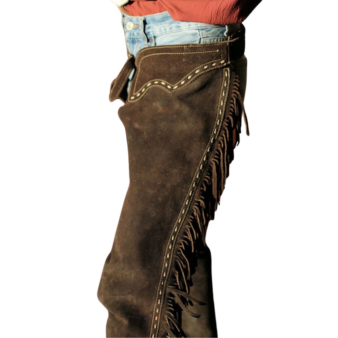 Close up brown suede fringe chaps detail