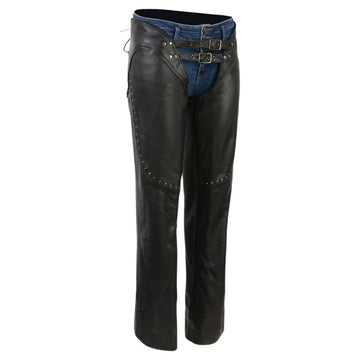 Women genuine black leather motorcycle chaps front view with studded panels