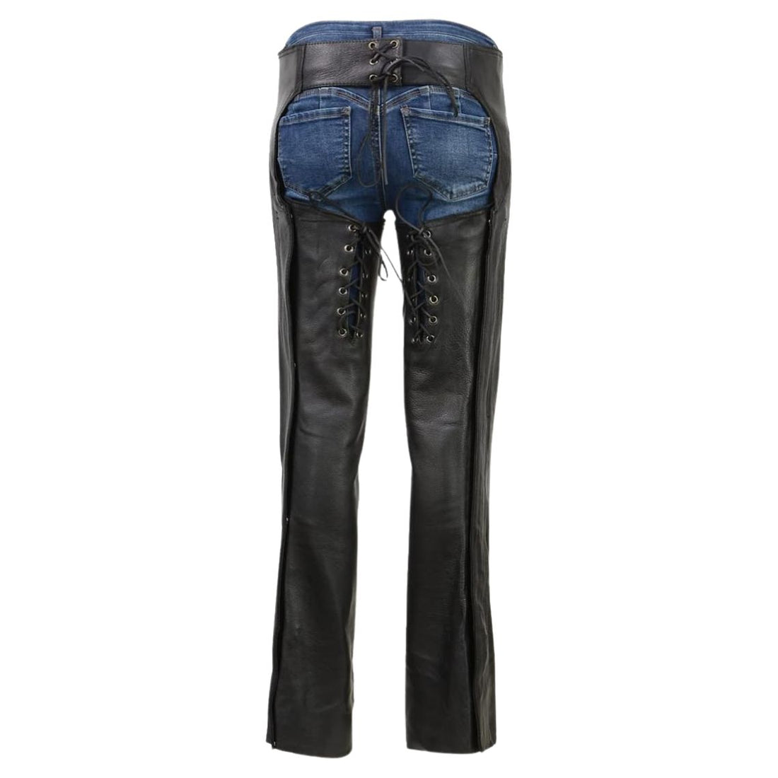 Women genuine black leather motorcycle chaps front view with studded panels