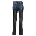 Women black leather biker chaps back view with lace-up design