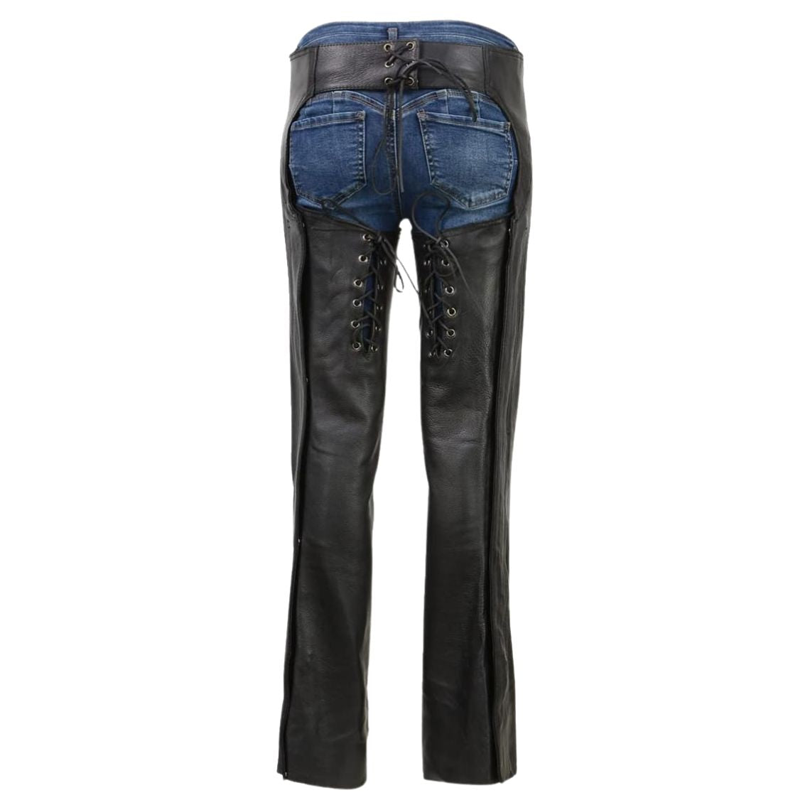 Women black leather biker chaps back view with lace-up design