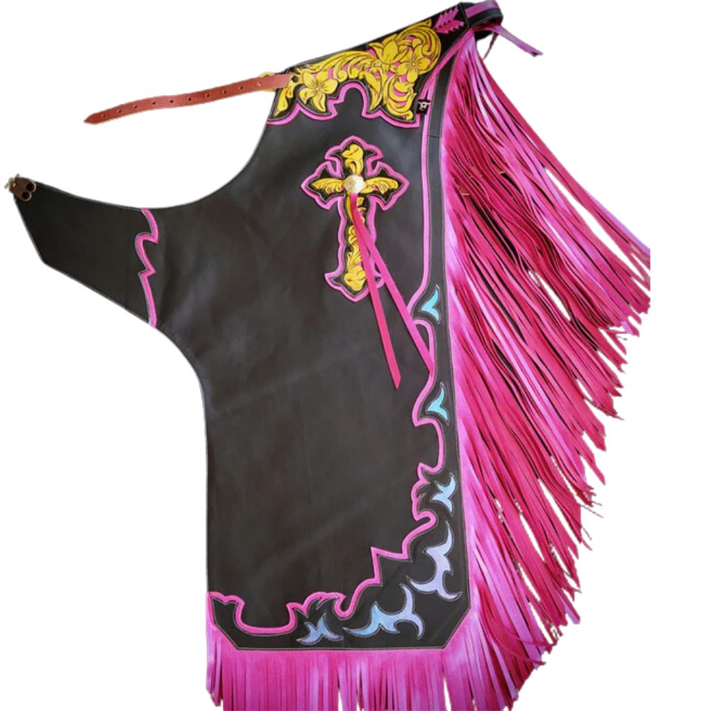 Womens pink rodeo queen leather chaps with fringe full view