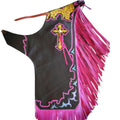 Womens pink rodeo queen leather chaps with fringe full view