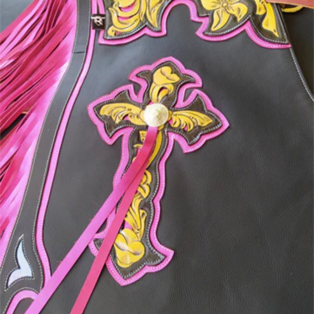 Womens pink rodeo queen leather chaps with fringe full view